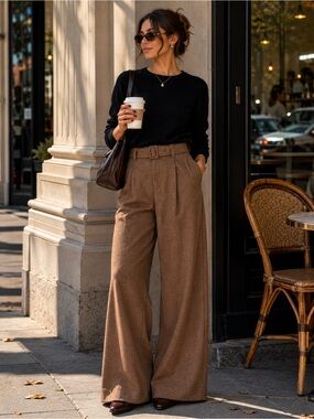 Banana Republic Brown Wool Blend Removable Belt High Rise Wide Leg Trouser Pants